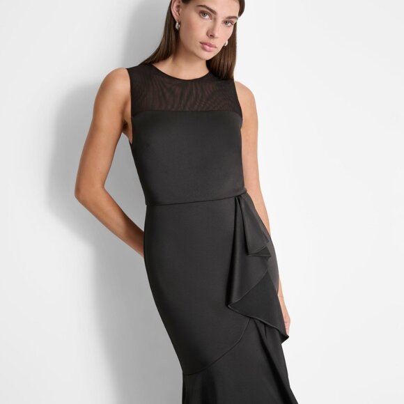 DKNY Women's Mesh-Yoke Cascading-Ruffle Evening Gown - Black NWT Size 14 - Picture 5 of 7